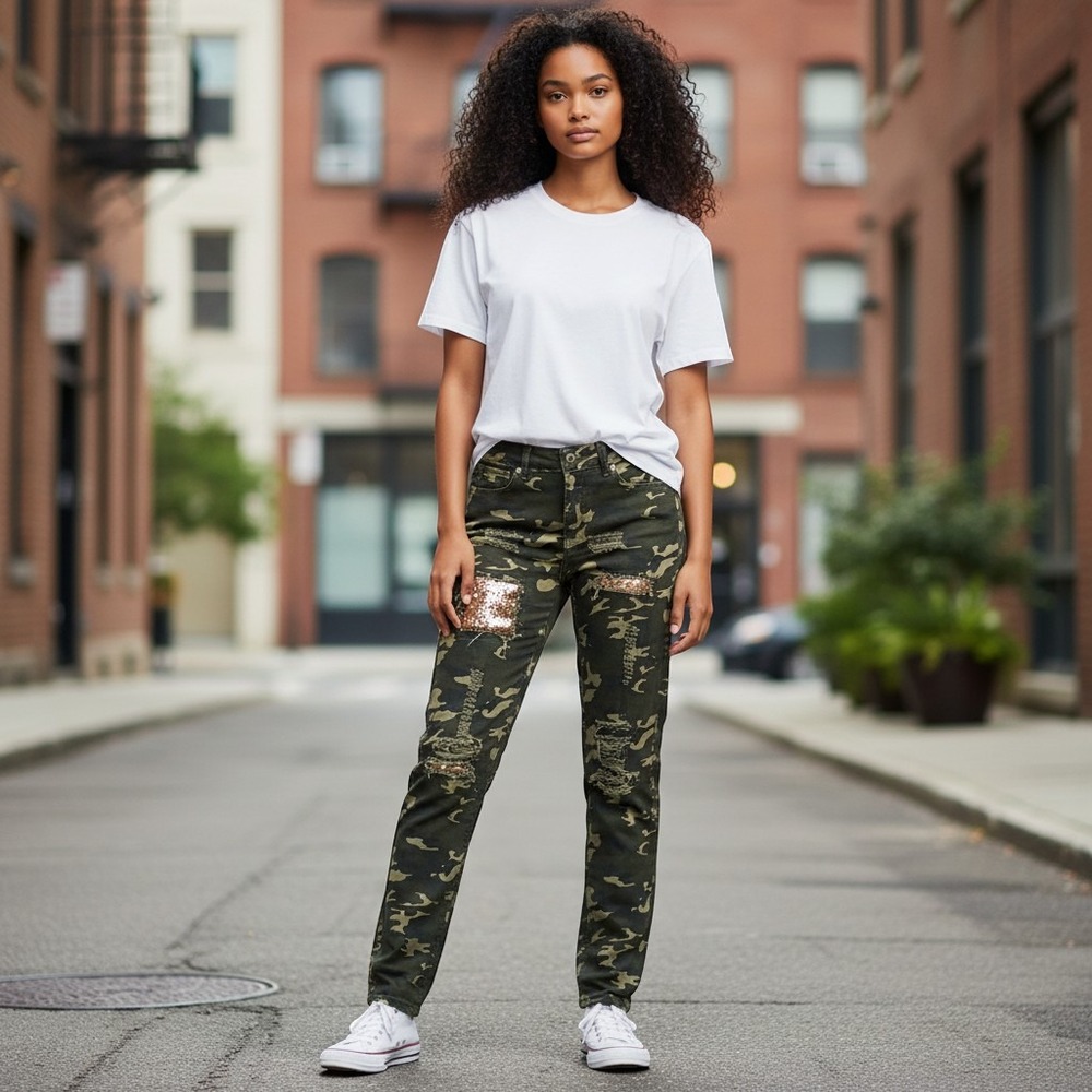 Lucky & Blessed Boyfriend Pants Women 4 26X31 Green Camo Sequin Distressed Denim